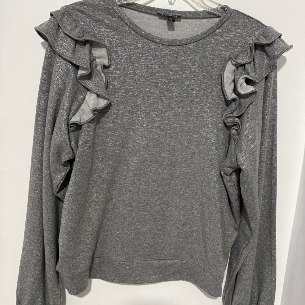 Express Gray Ruffled Long Sleeve Top